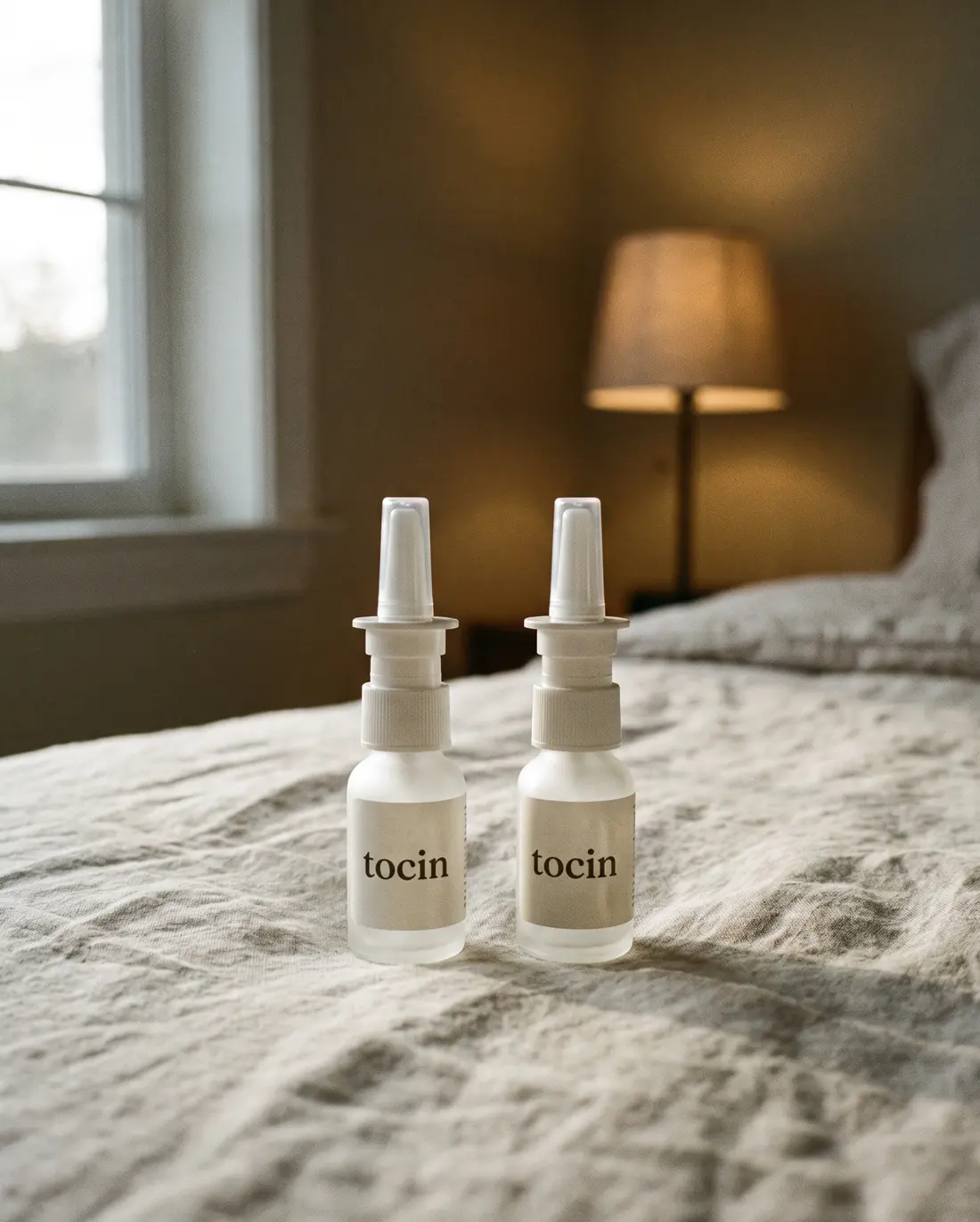 Two small white Tocin nasal spray bottles on linen sheets, lamp in the background